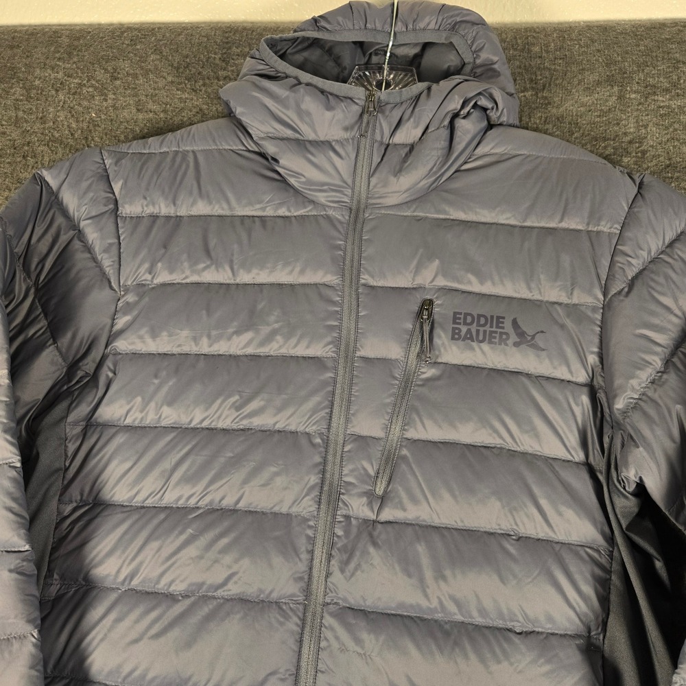 Eddie Bauer Puffer Jacket Mens M Gray 550 Down Hooded Full Zip Lightweight